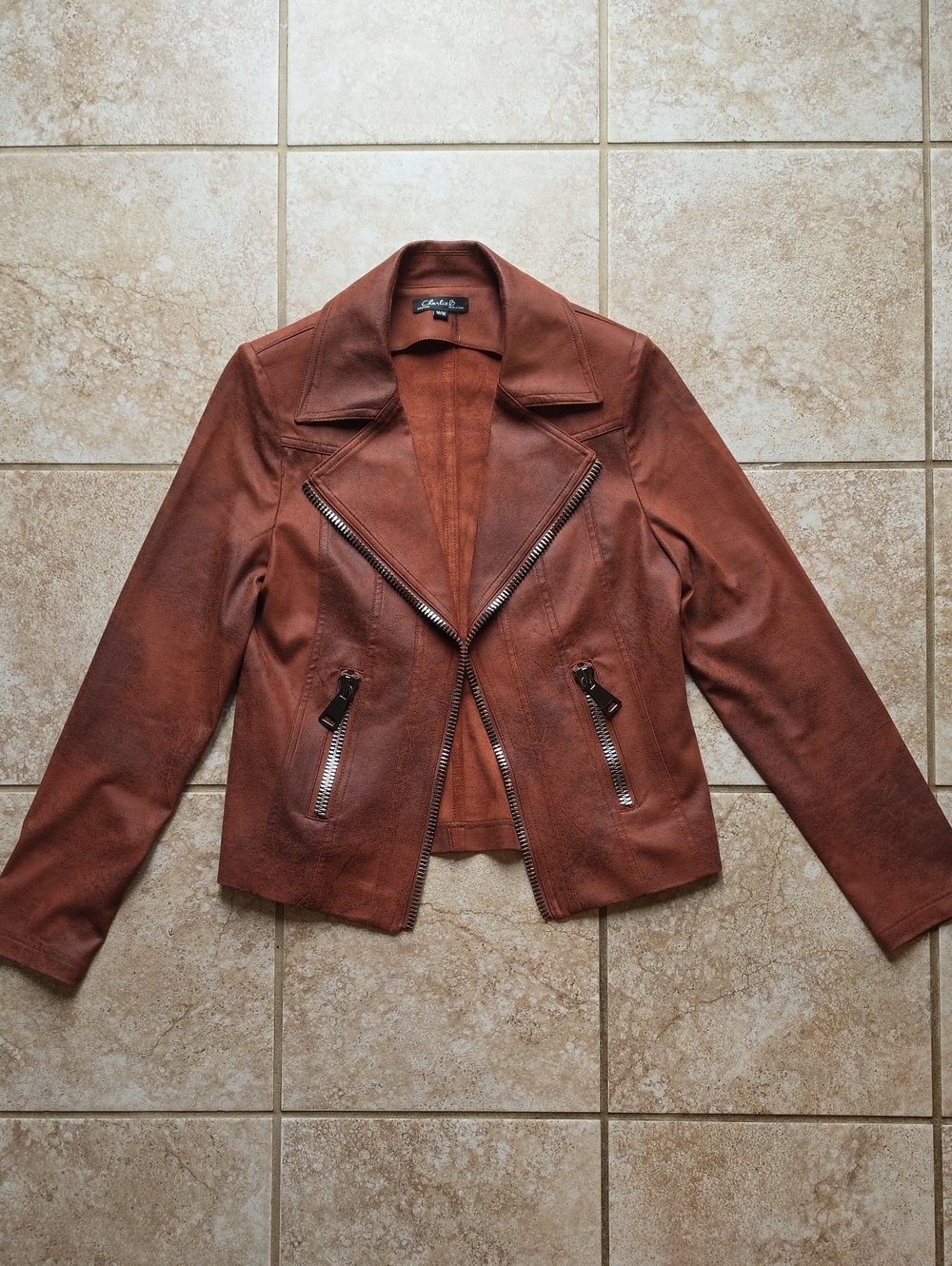 CHARLIE B Rust Brown Faux Leather Moto Jacket